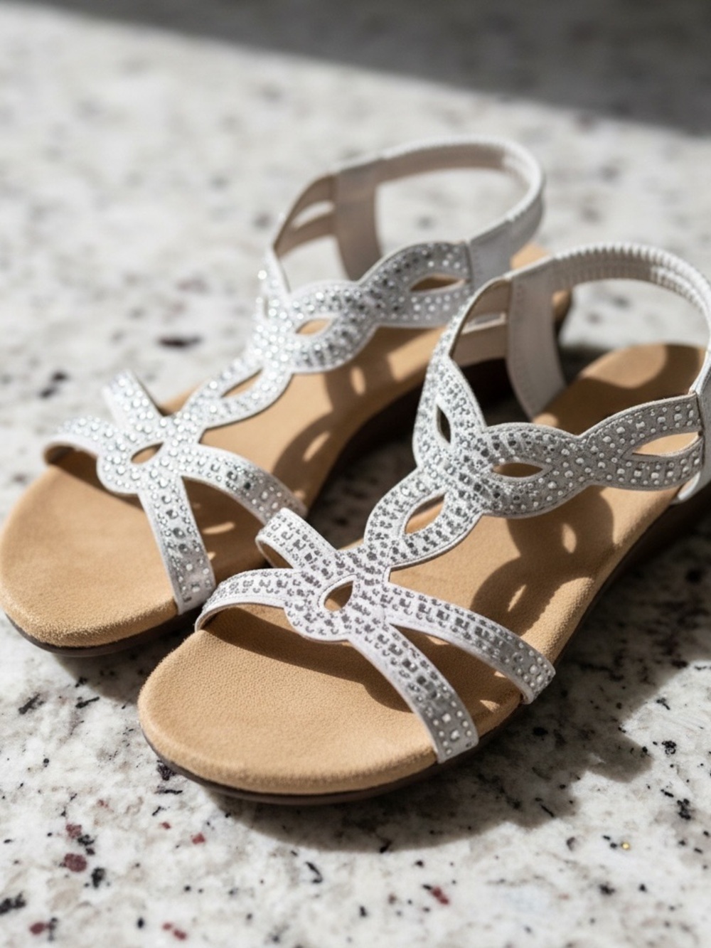 Size 7- Embellished White Rhinestone T-Strap Sandals